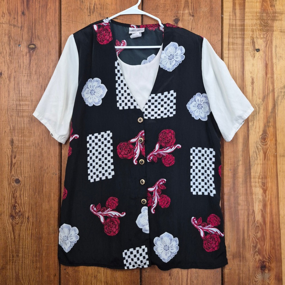Kathie Lee Vintage Floral Rose Checkerboard Button Front Blouse Black Size 16